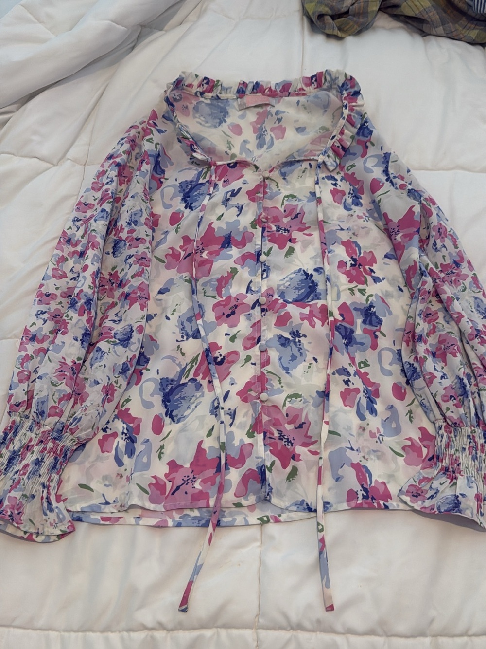 Tie-Neck Floral Blouse - Pink & Blue